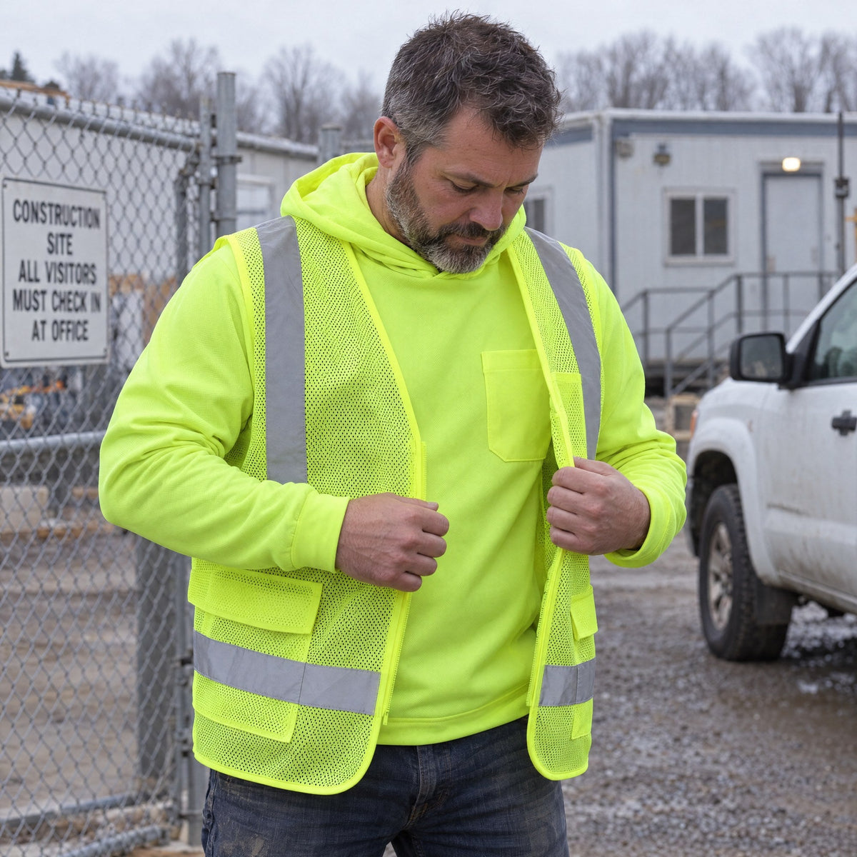 Worker pulling a Kiwi Class 2 safety vest on over a neon hi-vis hoodie
