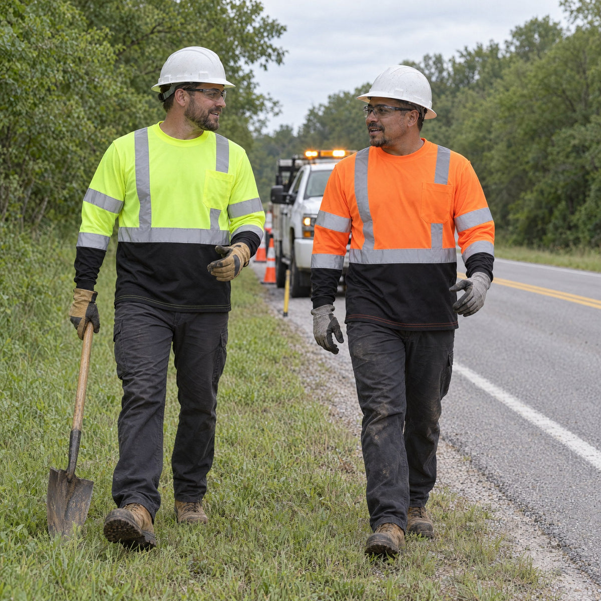 Two highway workers in Kiwi neon yellow and orange Class 3 long sleeve shirts on a green roadside