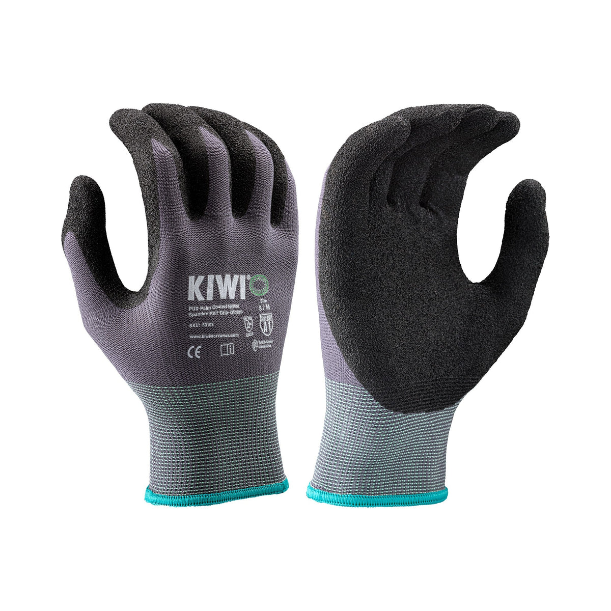 Kiwi PUD Palm Coated Nylon/Spandex Knit Grey Grip Gloves [53100]