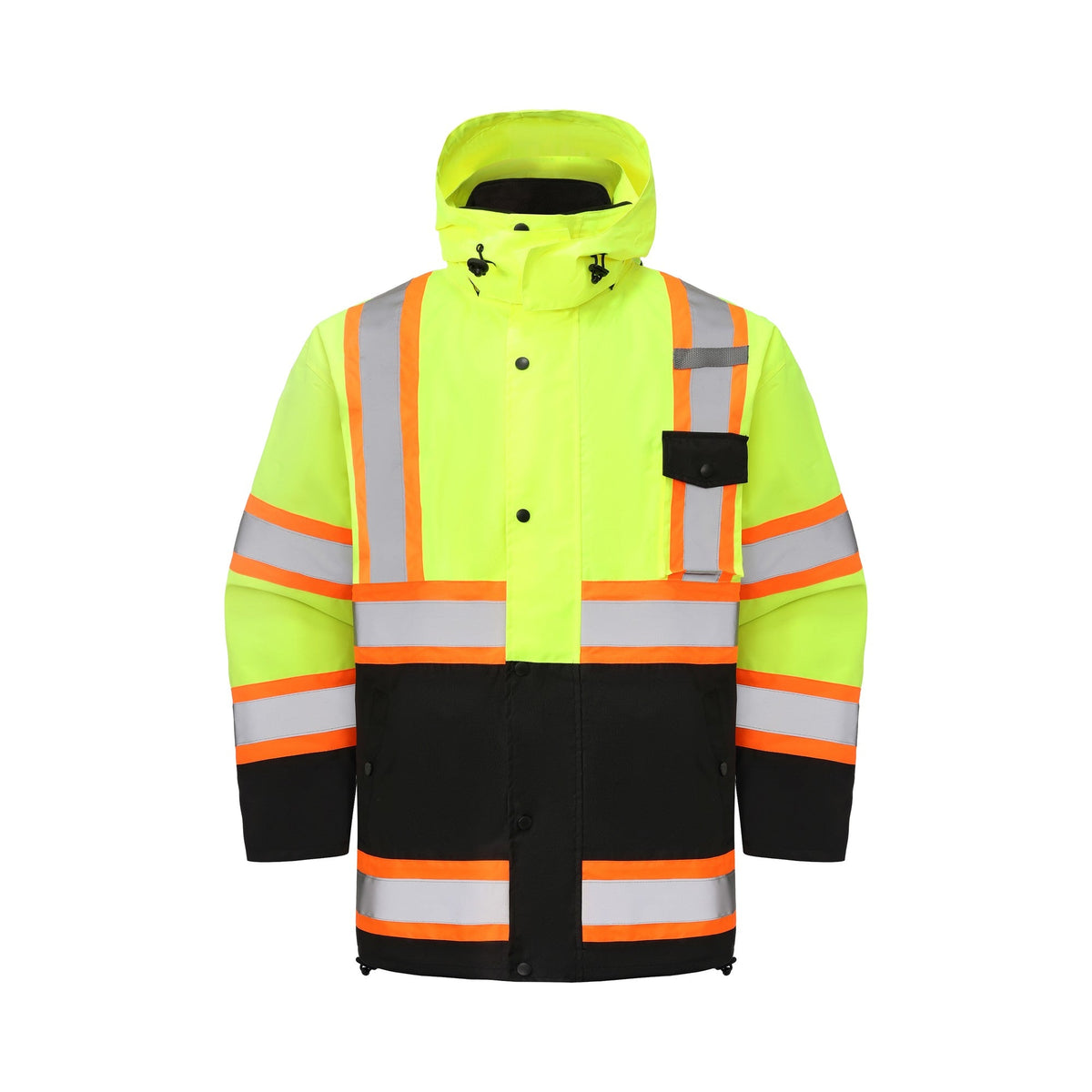 Kiwi High Visibility 3-in-1 Hooded & Fleece Lined ANSI/ISEA 107-2020, Type R, Class 3 Two Tone, Contrast Trimmed Water Resistant Neon Safety Jacket [71500]