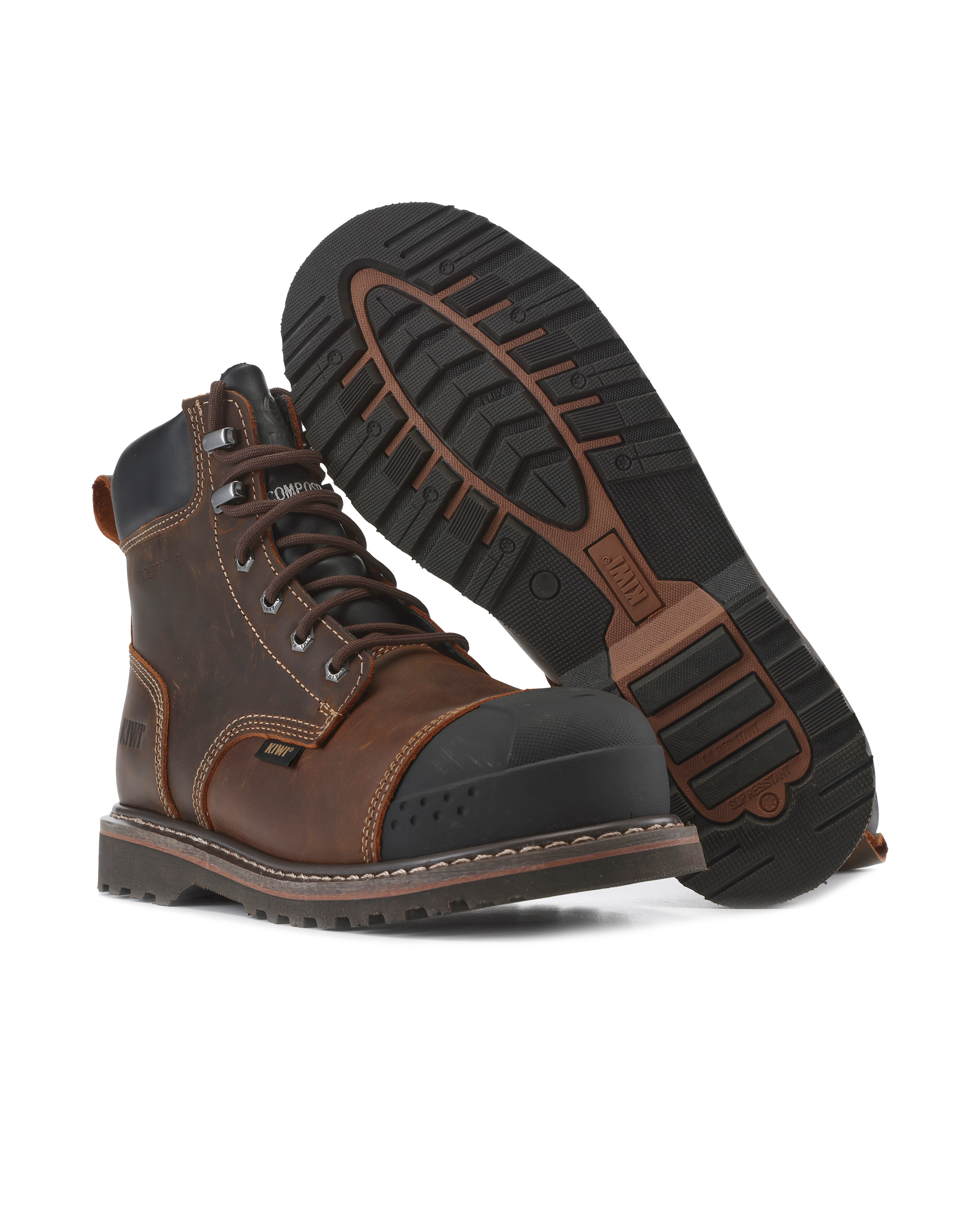 Kiwi Brown crazy horse composite toe waterproof cap-toe work boots, pair view