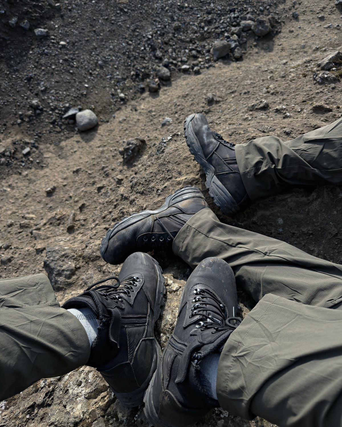 Kiwi Black 6 inch waterproof tactical boots, worn on rocky ground