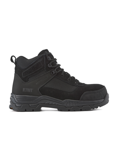Kiwi Trek Black steel toe work boots, outside view