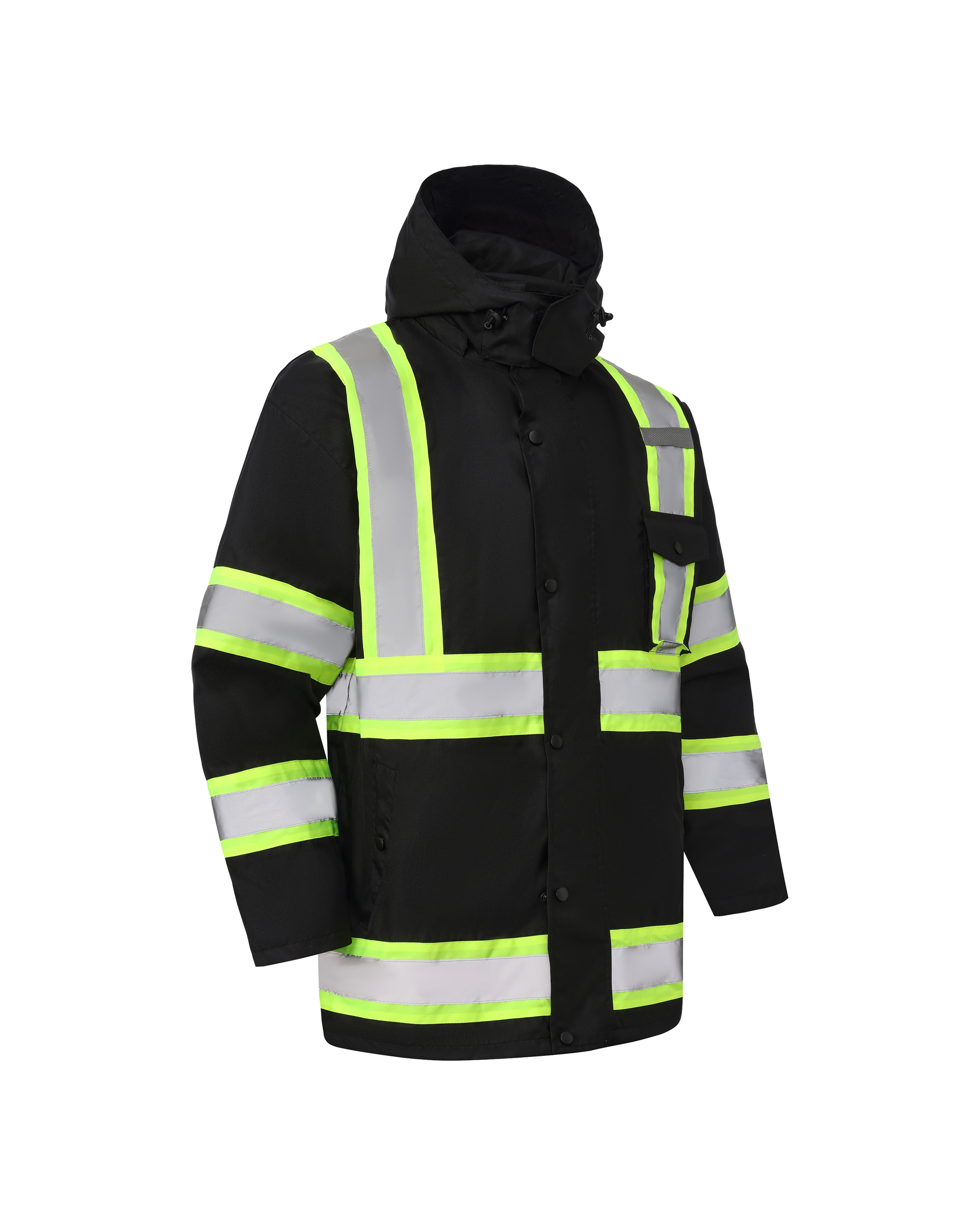 Kiwi High Visibility 3-in-1 Hooded &amp; Fleece Lined ANSI/ISEA 107-2020 Reflector Contrast Trimmed Water Resistant Black Safety Jacket [R71600]