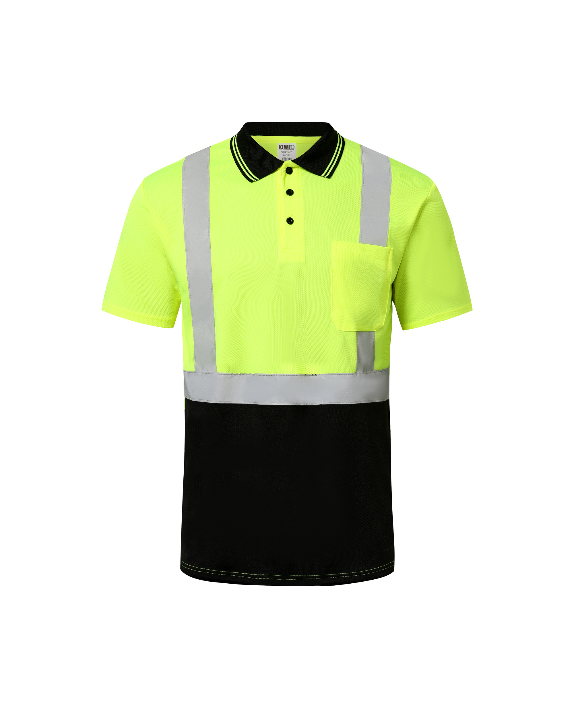 Kiwi Class 2 two tone neon hi vis short sleeve safety polo shirt, front view