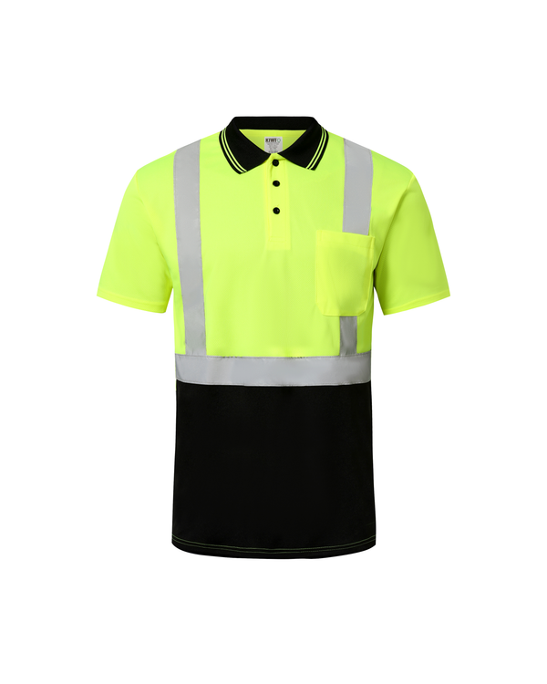 Kiwi Class 2 two tone neon hi vis short sleeve safety polo shirt, front view