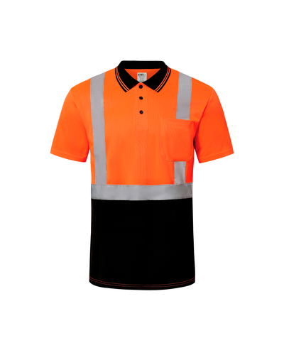 Kiwi Class 2 two tone orange hi vis short sleeve safety polo shirt, front view