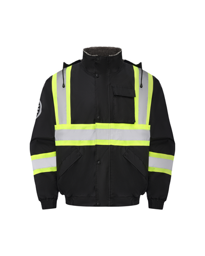 Kiwi Black reflective sherpa lined safety jacket, front view