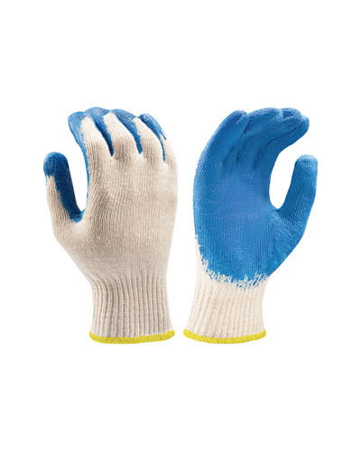 Kiwi latex coated string knit work gloves with blue dip, pair view