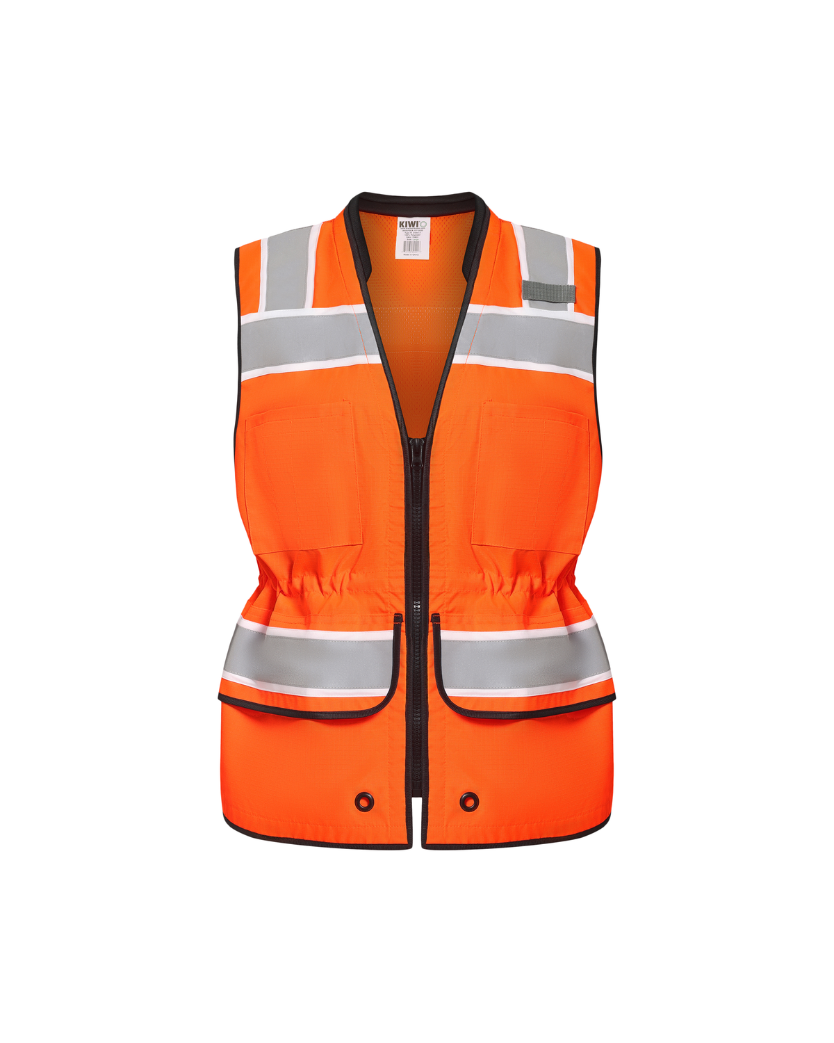 Kiwi Sightline 704 orange surveyor safety vest, front with waist drawcord cinched
