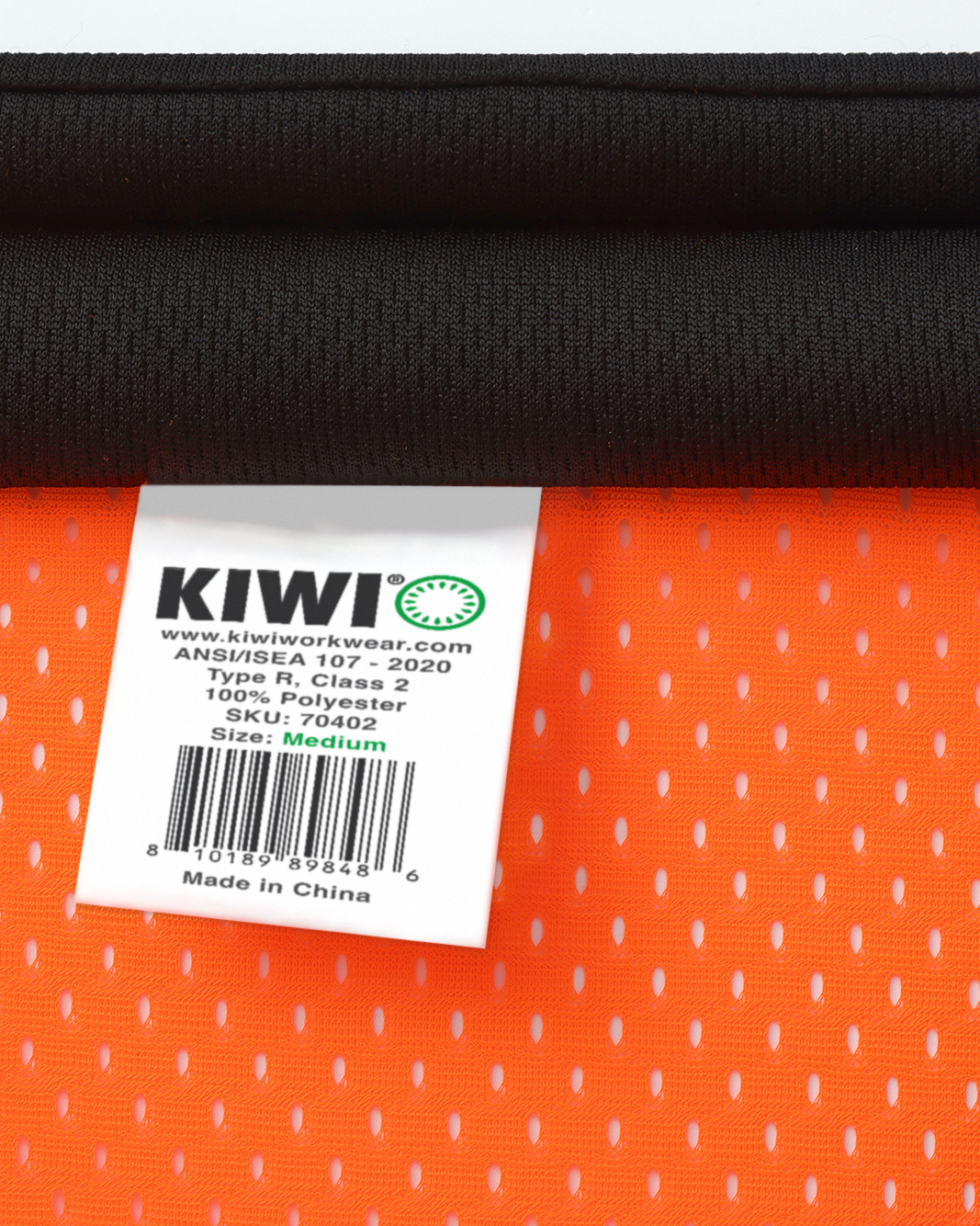 Kiwi neck label: ANSI/ISEA 107-2020 Type R Class 2, 100% polyester