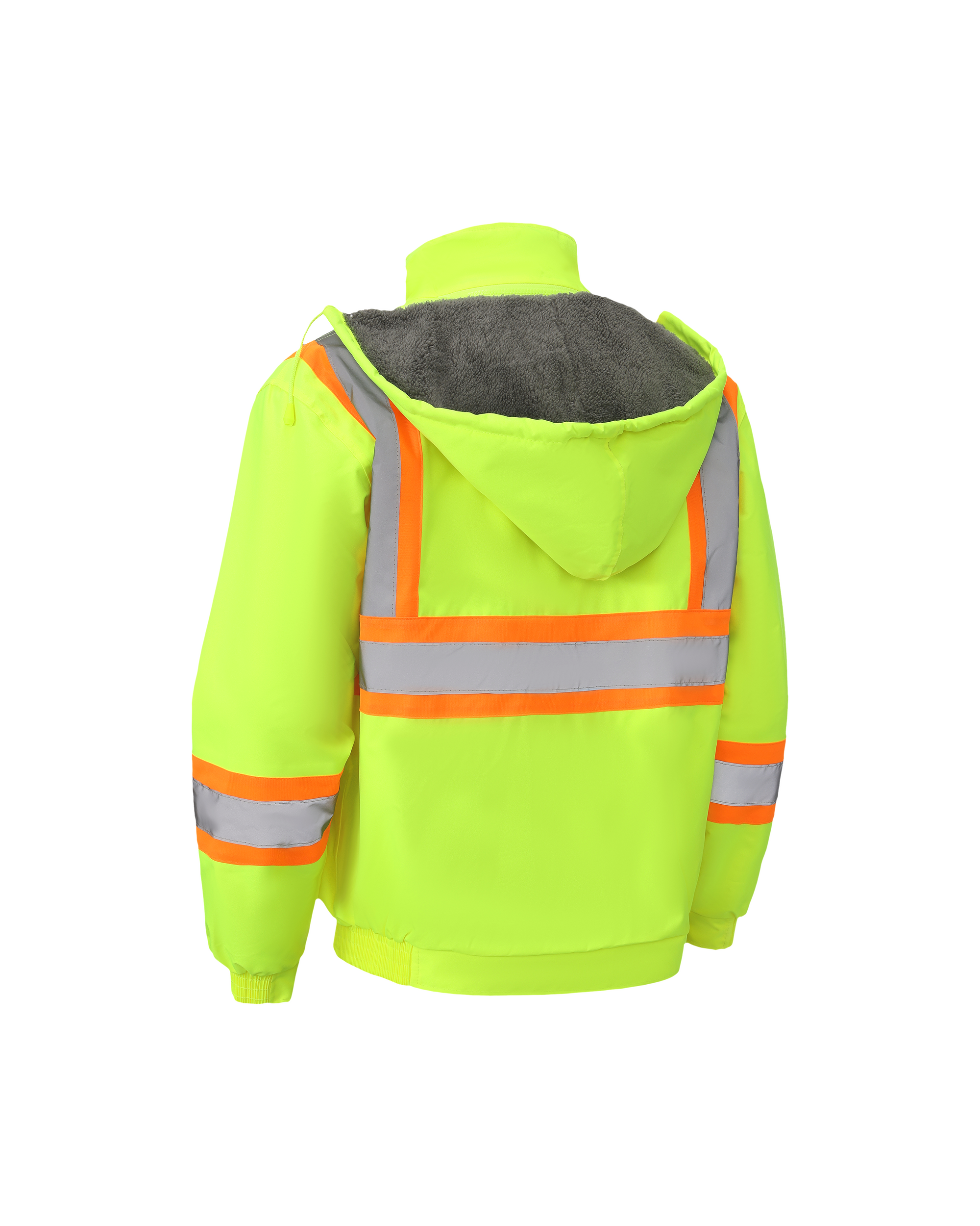 Kiwi Neon Class 3 hi vis sherpa lined safety jacket, back view