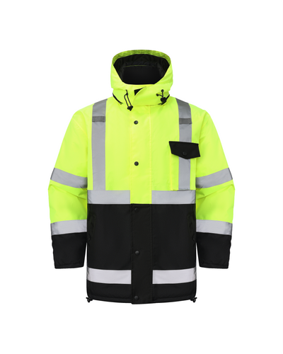 Kiwi Neon Class 3 hi vis quilt lined safety jacket, front view