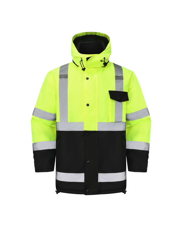 Kiwi Neon Class 3 hi vis quilt lined safety jacket, front view